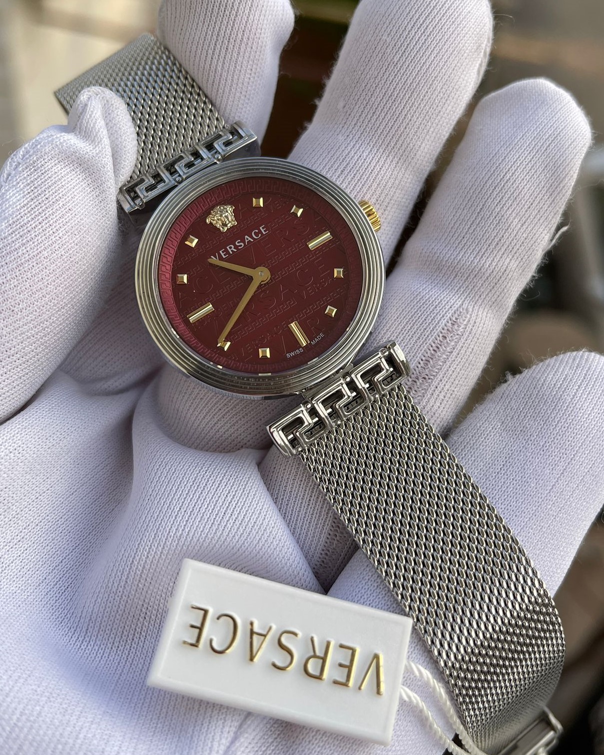 Versace Gümüş Bordo Kadran Bayan Hasır Kordon Kol Saati L-798